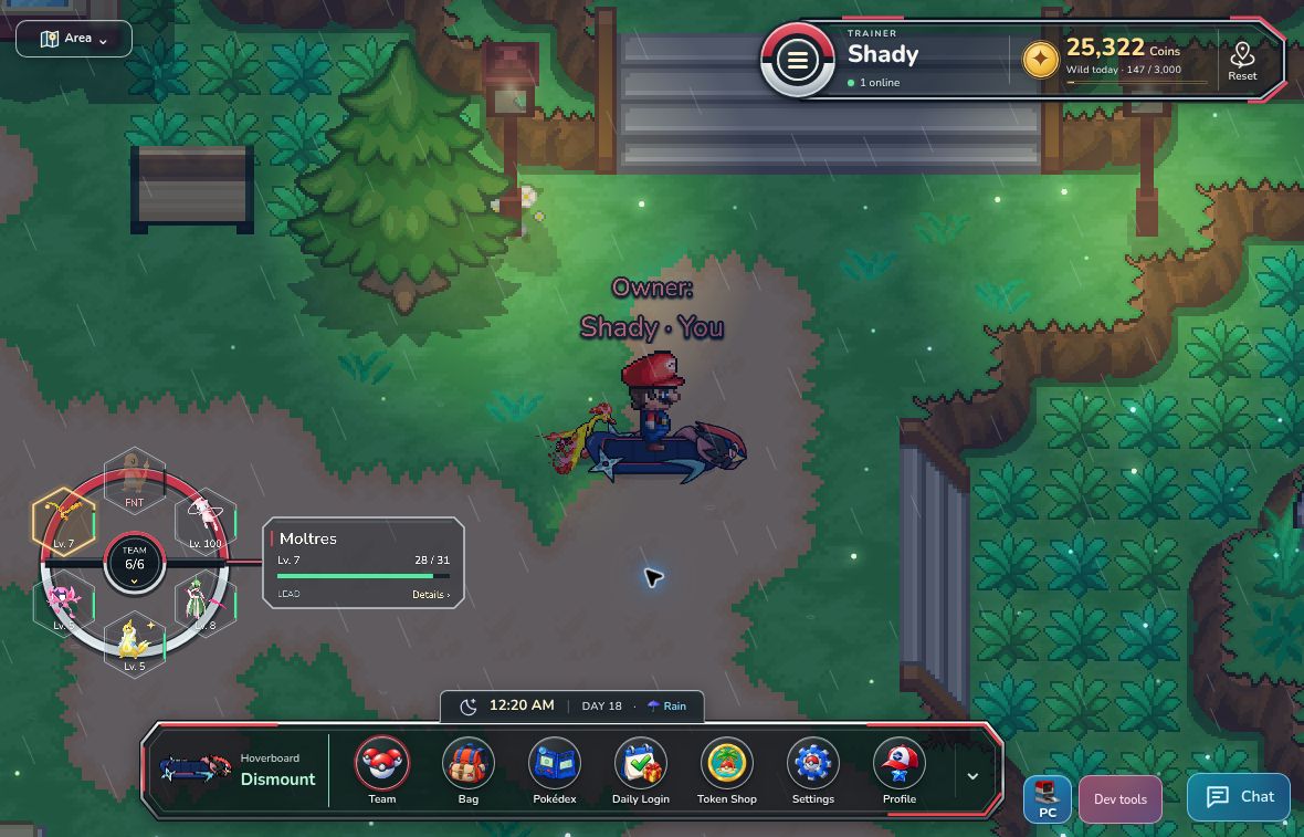 PokeOasis trainer on a Greninja hoverboard with Moltres following in the rain