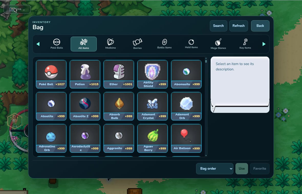 PokeOasis bag showing Poké Balls, medicines and other inventory items