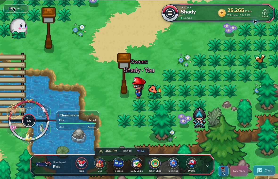 Shady and Charmander beside the river and tall grass