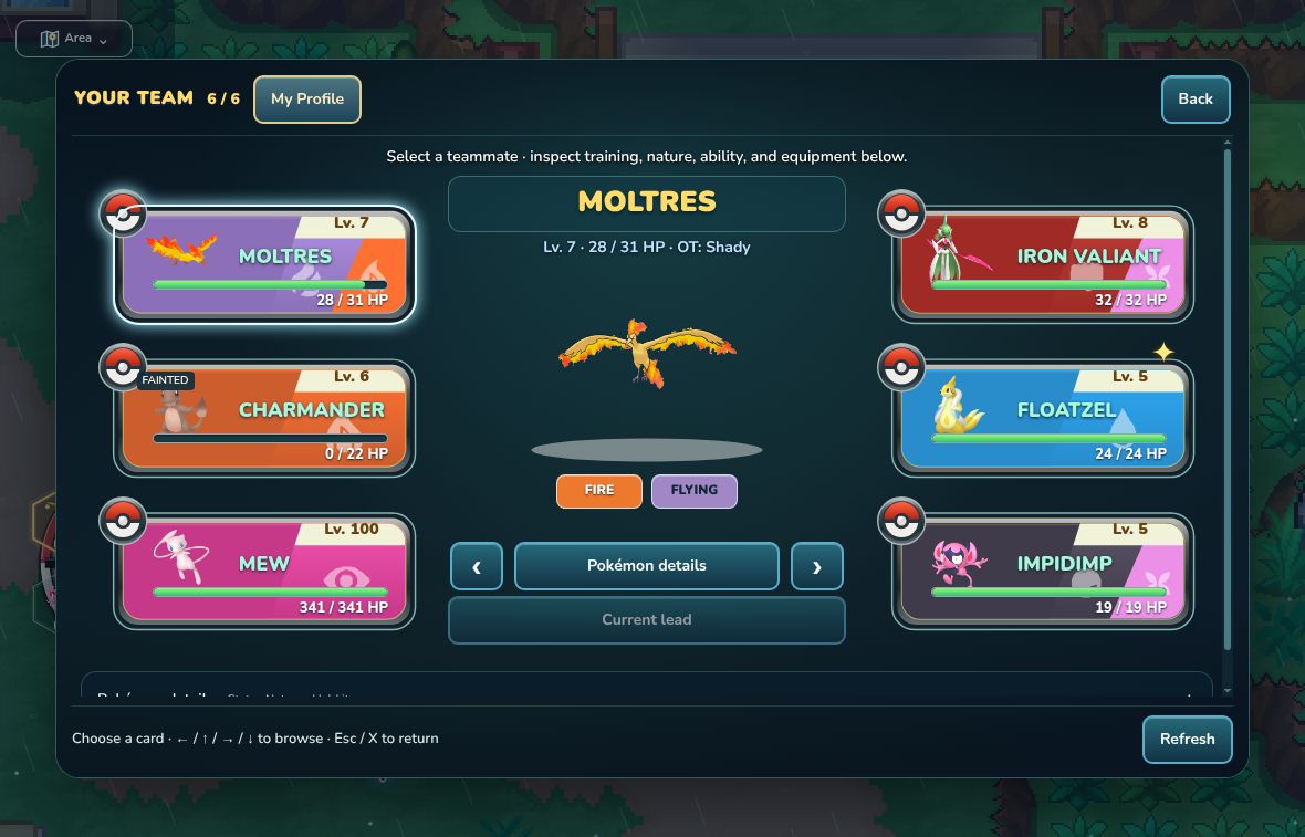 PokeOasis team screen with Moltres selected and six Pokémon visible
