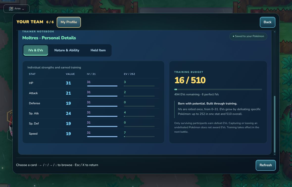 Moltres personal details showing IVs, EVs and training budget